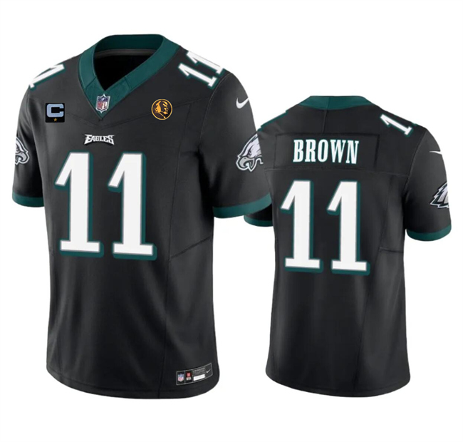 Men's Philadelphia Eagles #11 A. J. Brown Black 2023 F.U.S.E. With 1-star C Patch And John Madden Patch Vapor Limited Football Stitched Jersey - Click Image to Close